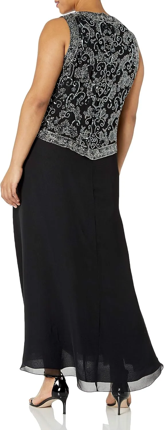 J Kara Women's Plus Size Beaded Gown with Scarf