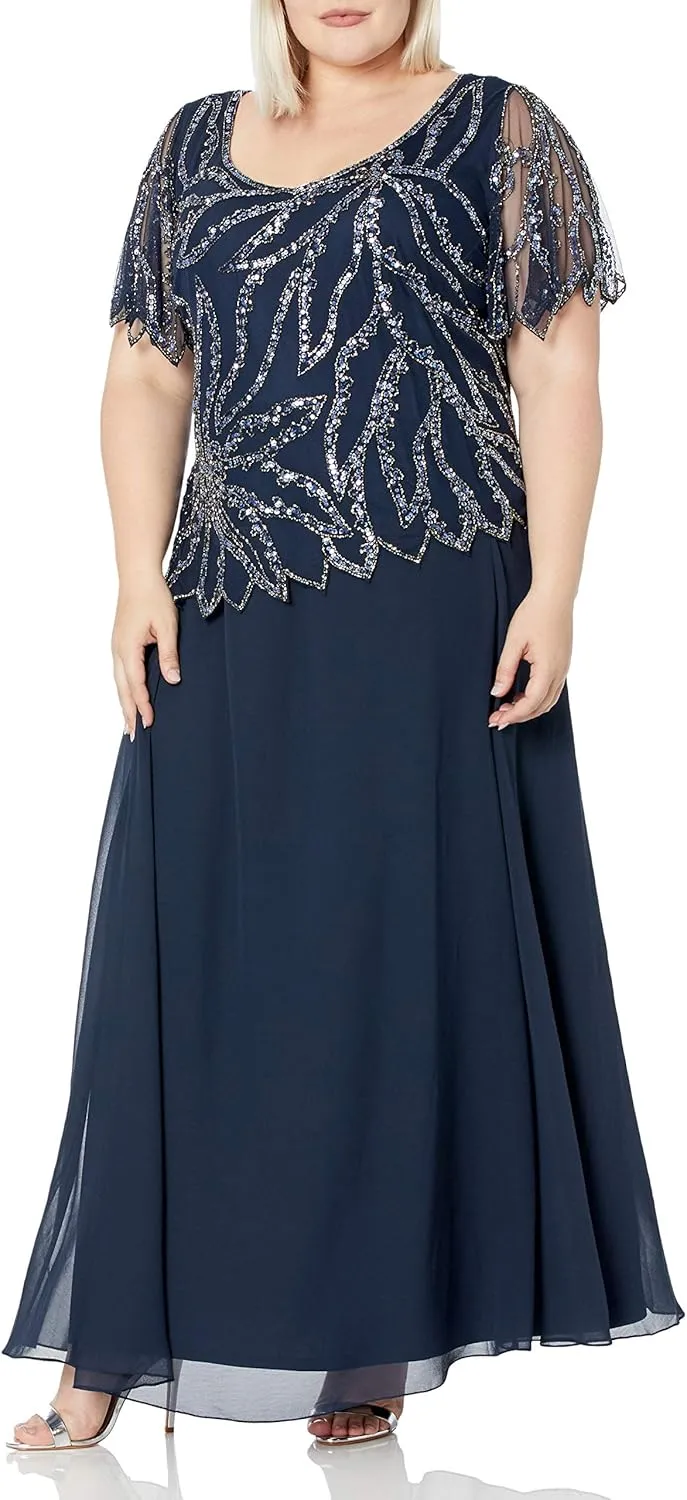 J Kara Women's Plus Size Beaded Short Sleeve Long Gown