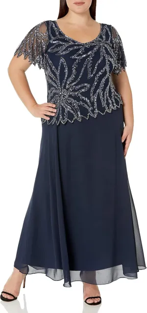 J Kara Women's Plus Size Beaded Short Sleeve Long Gown