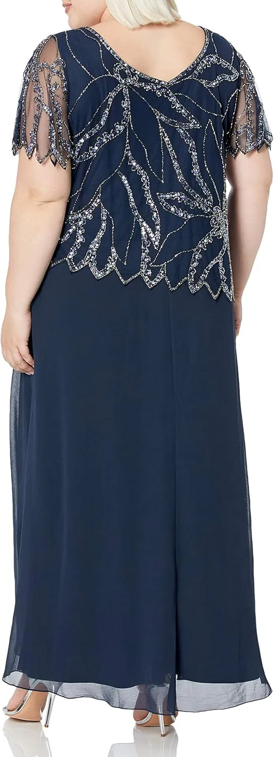 J Kara Women's Plus Size Beaded Short Sleeve Long Gown