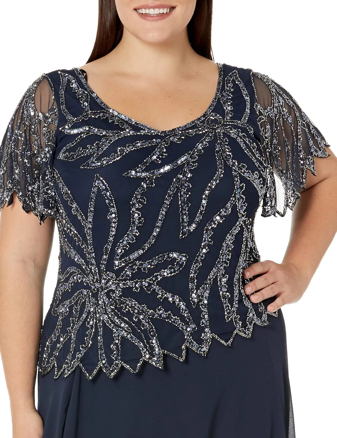 J Kara Women's Plus Size Beaded Short Sleeve Long Gown