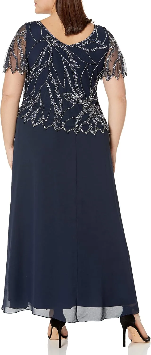 J Kara Women's Plus Size Beaded Short Sleeve Long Gown