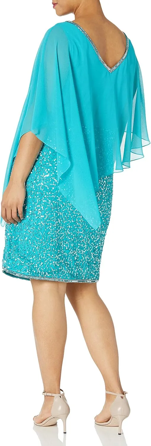 J Kara Women's Plus Size Caplet Short Cocktail Beaded Dress