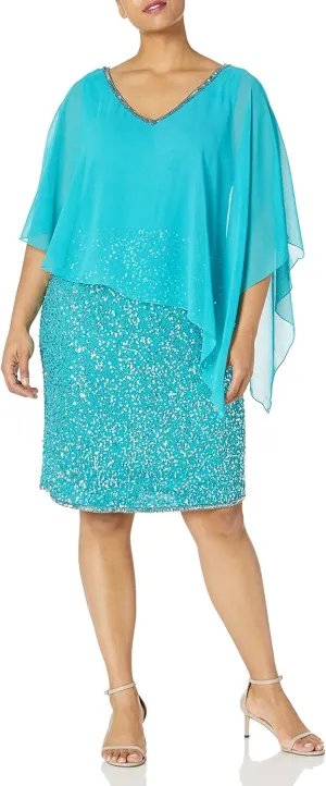 J Kara Women's Plus Size Caplet Short Cocktail Beaded Dress