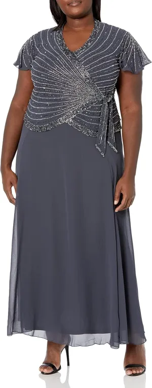 J Kara Women's Plus Size Faux Wrap Long Beaded Gown W/Flutter Sleeve