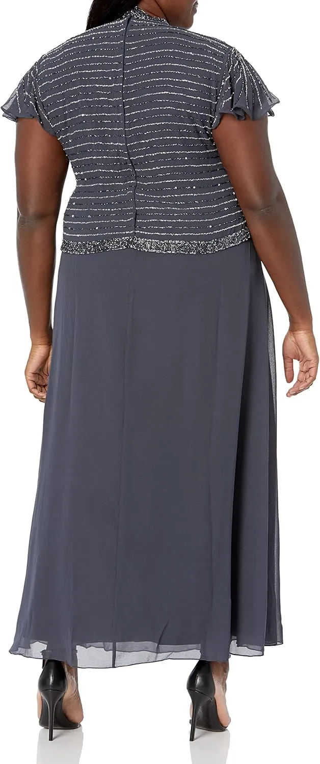 J Kara Women's Plus Size Faux Wrap Long Beaded Gown W/Flutter Sleeve