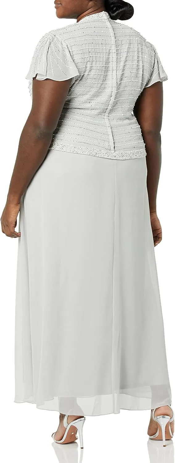 J Kara Women's Plus Size Faux Wrap Long Dress W/Flutter Sleeve