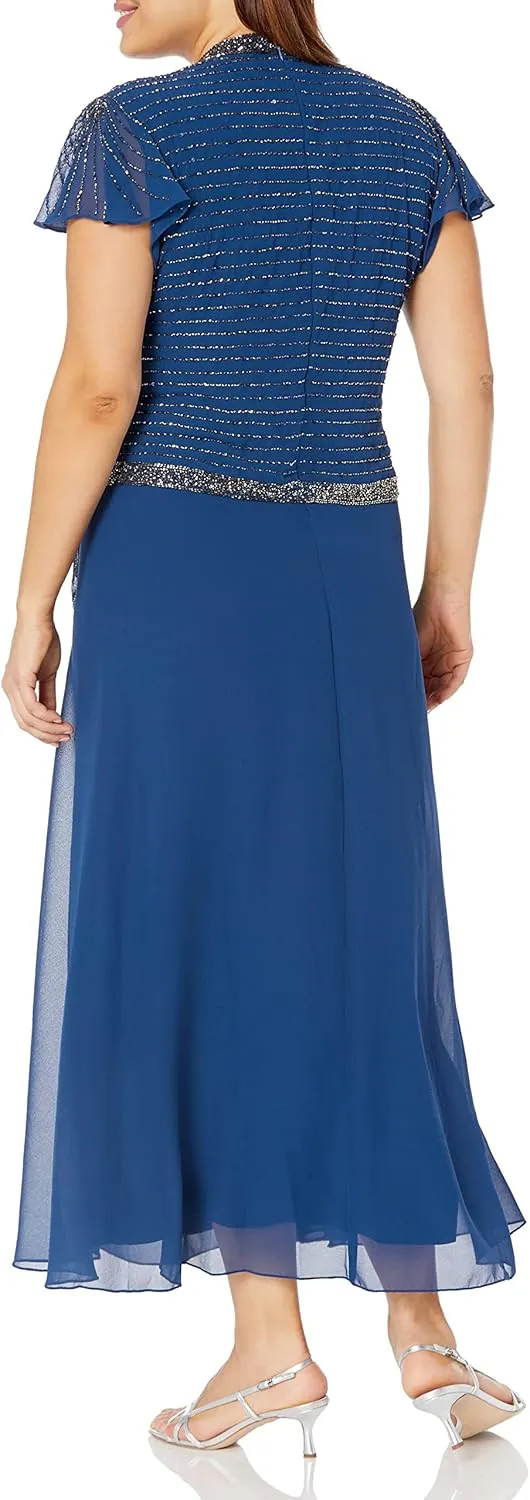 J Kara Women's Plus Size Faux Wrap Long Dress W/Flutter Sleeve