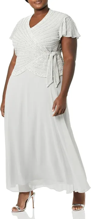 J Kara Women's Plus Size Faux Wrap Long Dress W/Flutter Sleeve
