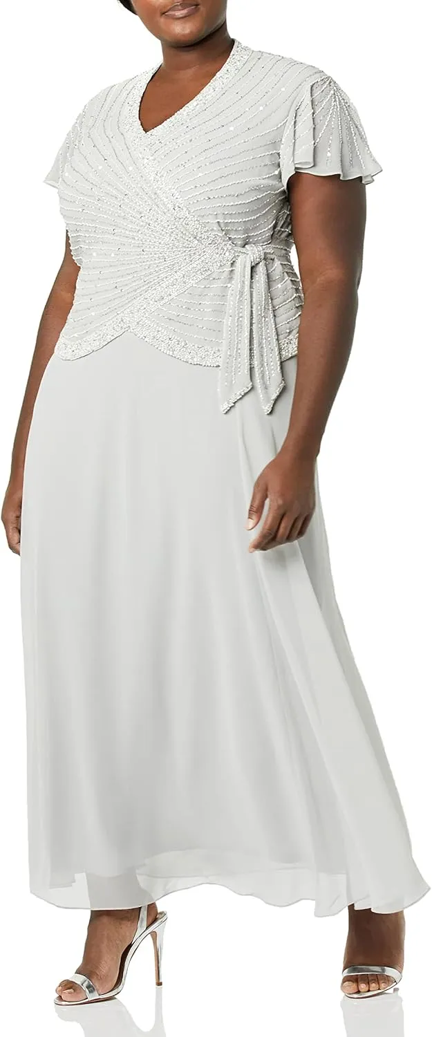 J Kara Women's Plus Size Faux Wrap Long Dress W/Flutter Sleeve