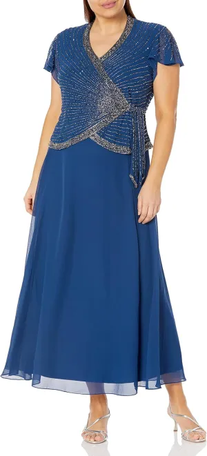 J Kara Women's Plus Size Faux Wrap Long Dress W/Flutter Sleeve