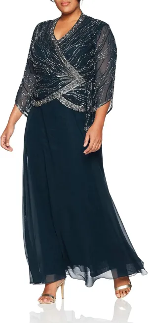 J Kara Women's Plus Size Long 3/4 Sleeve V-Neck Beaded Faux Wrap Dress