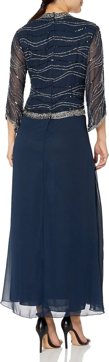 J Kara Women's Plus Size Long 3/4 Sleeve V-Neck Beaded Faux Wrap Dress