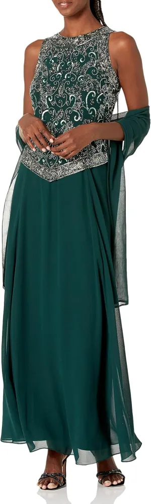J Kara Women's Plus Size Long Beaded V Trim Detail Gown with Scarf
