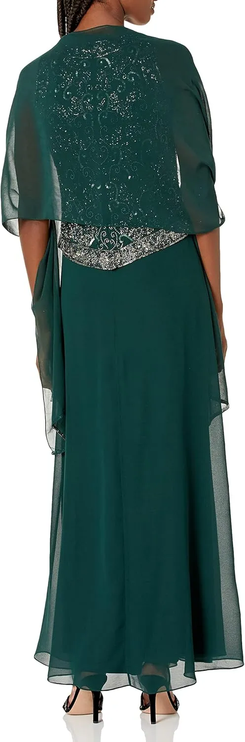 J Kara Women's Plus Size Long Beaded V Trim Detail Gown with Scarf