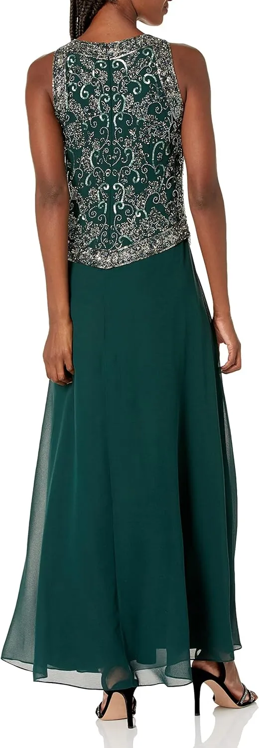 J Kara Women's Plus Size Long Beaded V Trim Detail Gown with Scarf