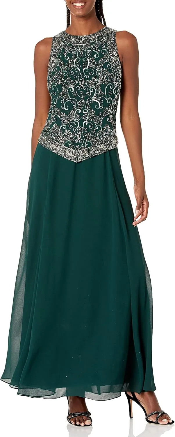 J Kara Women's Plus Size Long Beaded V Trim Detail Gown with Scarf