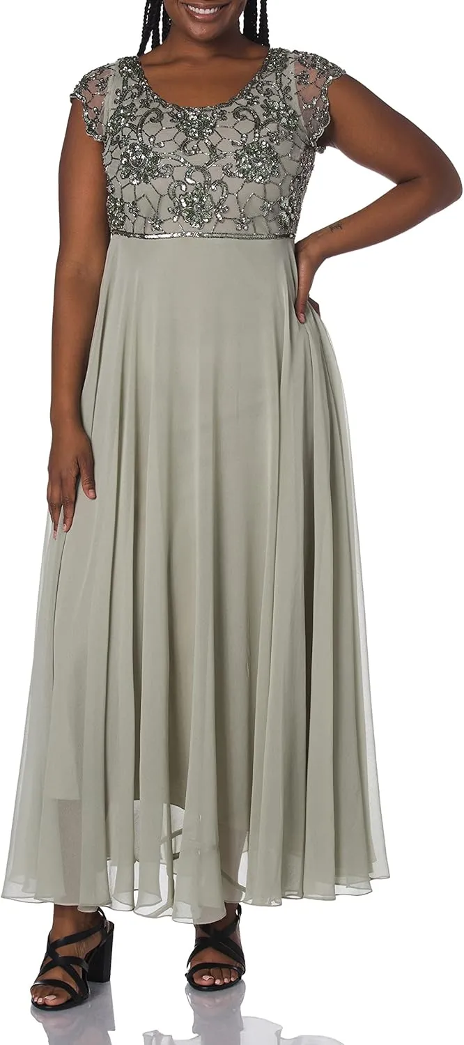 J Kara Women's Plus Size Long Dress with Flutter Sleeve