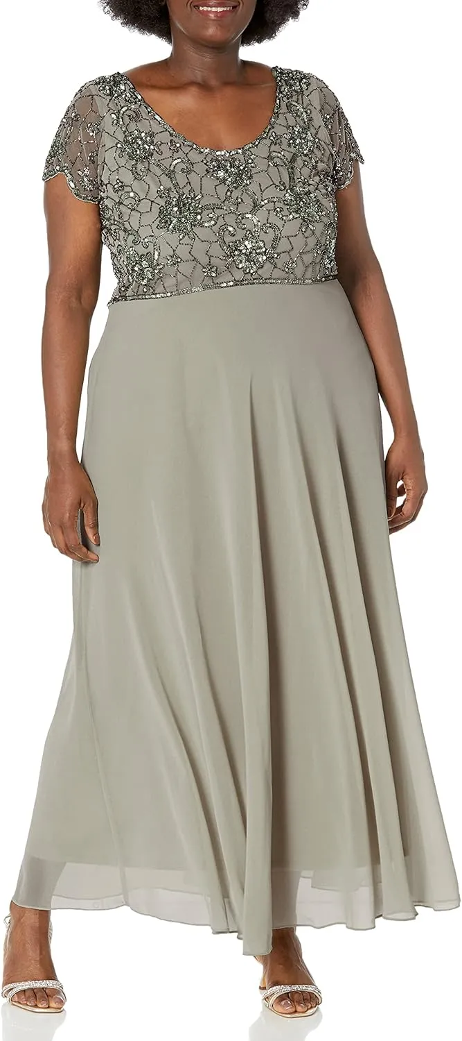 J Kara Women's Plus Size Long Dress with Flutter Sleeve