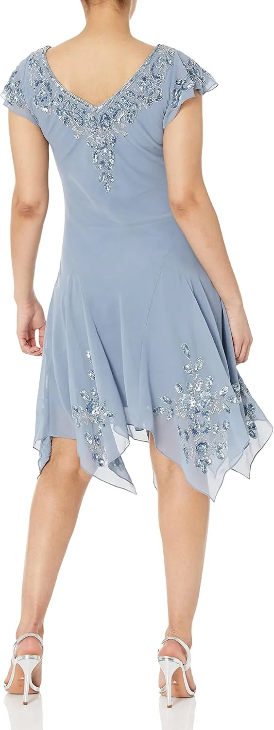 J Kara Women's Plus Size Petite Flutter Sleeve Hanky Hem Short Cocktail Beaded Dress