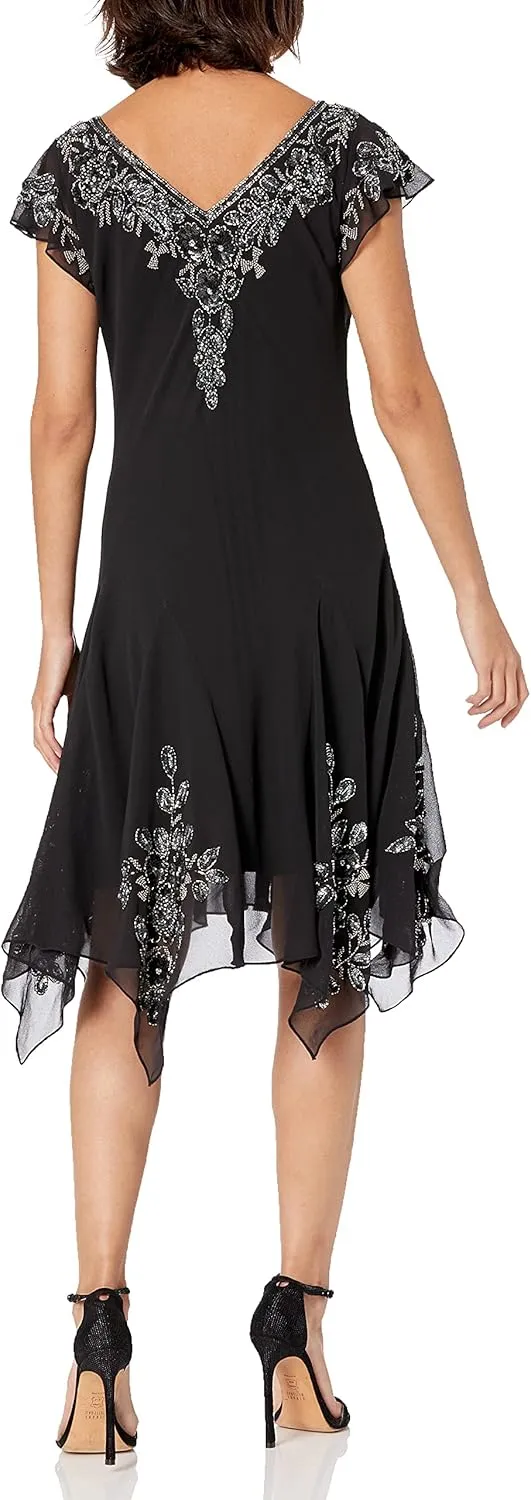 J Kara Women's Plus Size Petite Flutter Sleeve Hanky Hem Short Cocktail Beaded Dress