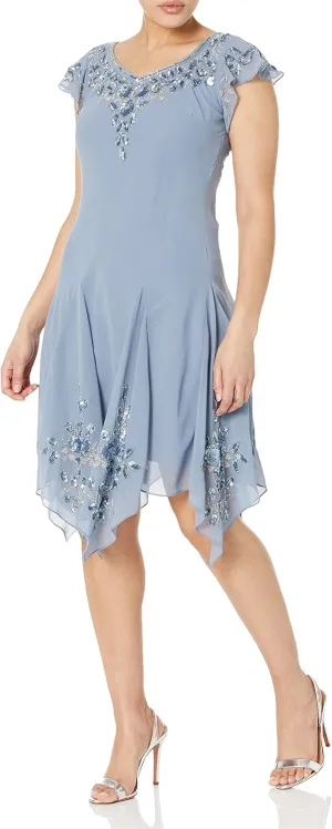 J Kara Women's Plus Size Petite Flutter Sleeve Hanky Hem Short Cocktail Beaded Dress