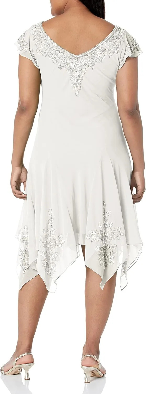 J Kara Women's Plus Size Petite Flutter Sleeve Hanky Hem Short Cocktail Beaded Dress