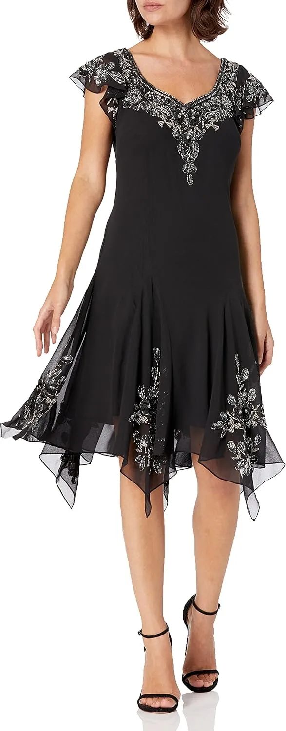 J Kara Women's Plus Size Petite Flutter Sleeve Hanky Hem Short Cocktail Beaded Dress