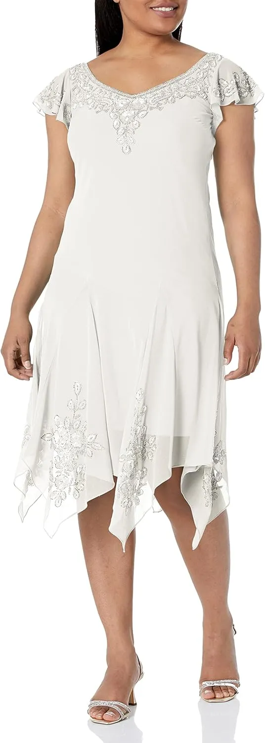J Kara Women's Plus Size Petite Flutter Sleeve Hanky Hem Short Cocktail Beaded Dress