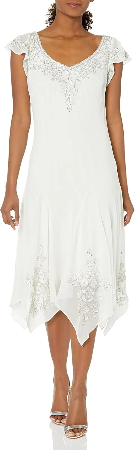J Kara Women's Plus Size Petite Flutter Sleeve Hanky Hem Short Cocktail Beaded Dress