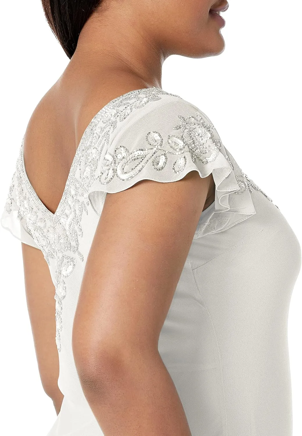J Kara Women's Plus Size Petite Flutter Sleeve Hanky Hem Short Cocktail Beaded Dress
