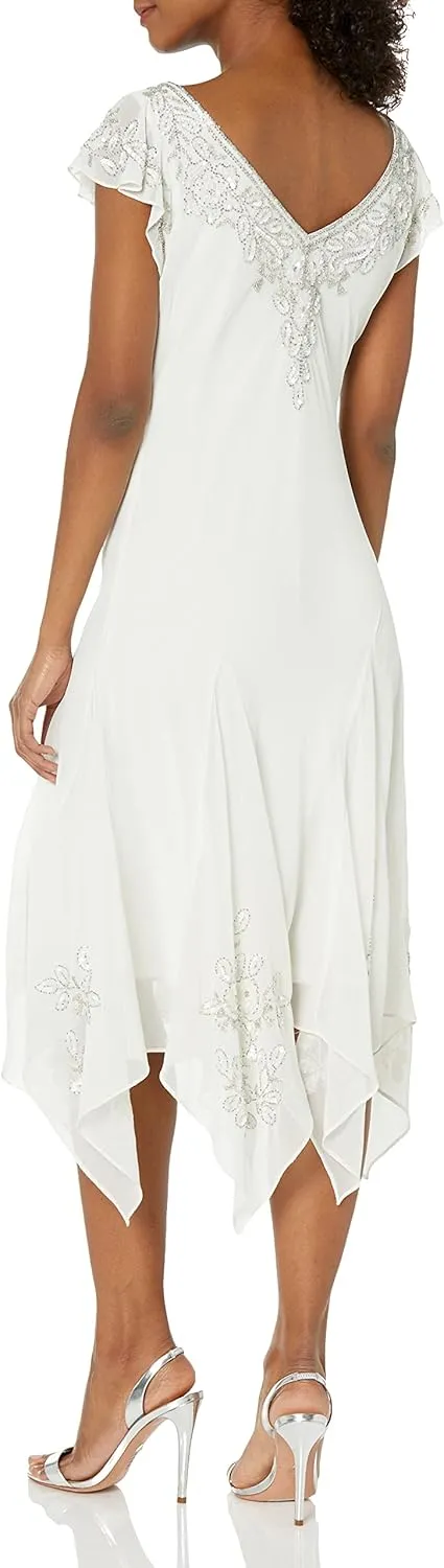 J Kara Women's Plus Size Petite Flutter Sleeve Hanky Hem Short Cocktail Beaded Dress