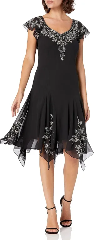 J Kara Women's Plus Size Petite Flutter Sleeve Hanky Hem Short Cocktail Beaded Dress