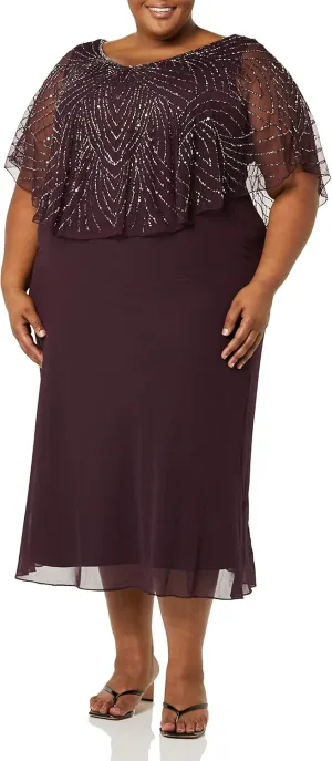 J Kara Women's Plus Size Pop Over Long Beaded Dress