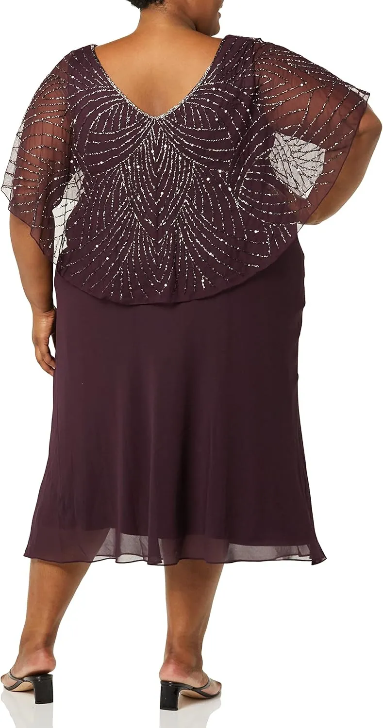 J Kara Women's Plus Size Pop Over Long Beaded Dress
