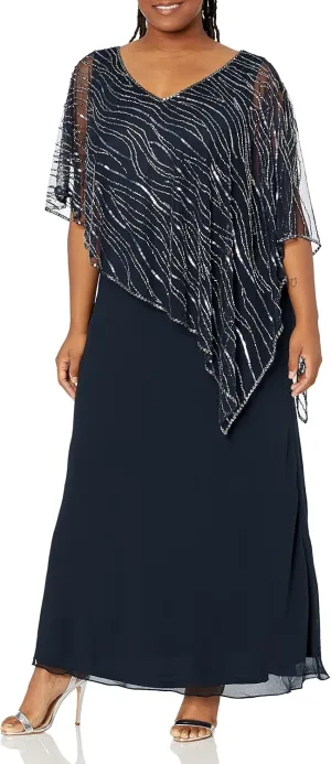 J Kara Women's Plus Size Pop Over Long Beaded Dress
