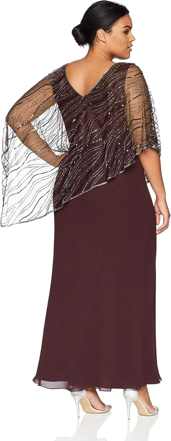 J Kara Women's Plus Size Pop Over Long Beaded Dress