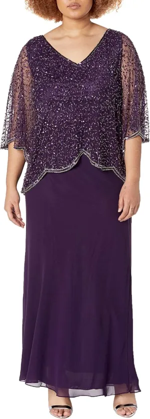 J Kara Women's Plus Size Sequin Beaded V-Neck 3/4 Sleeve Popover Gown