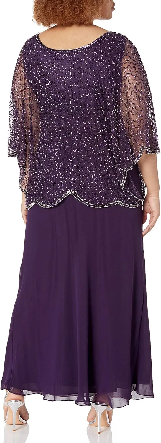 J Kara Women's Plus Size Sequin Beaded V-Neck 3/4 Sleeve Popover Gown