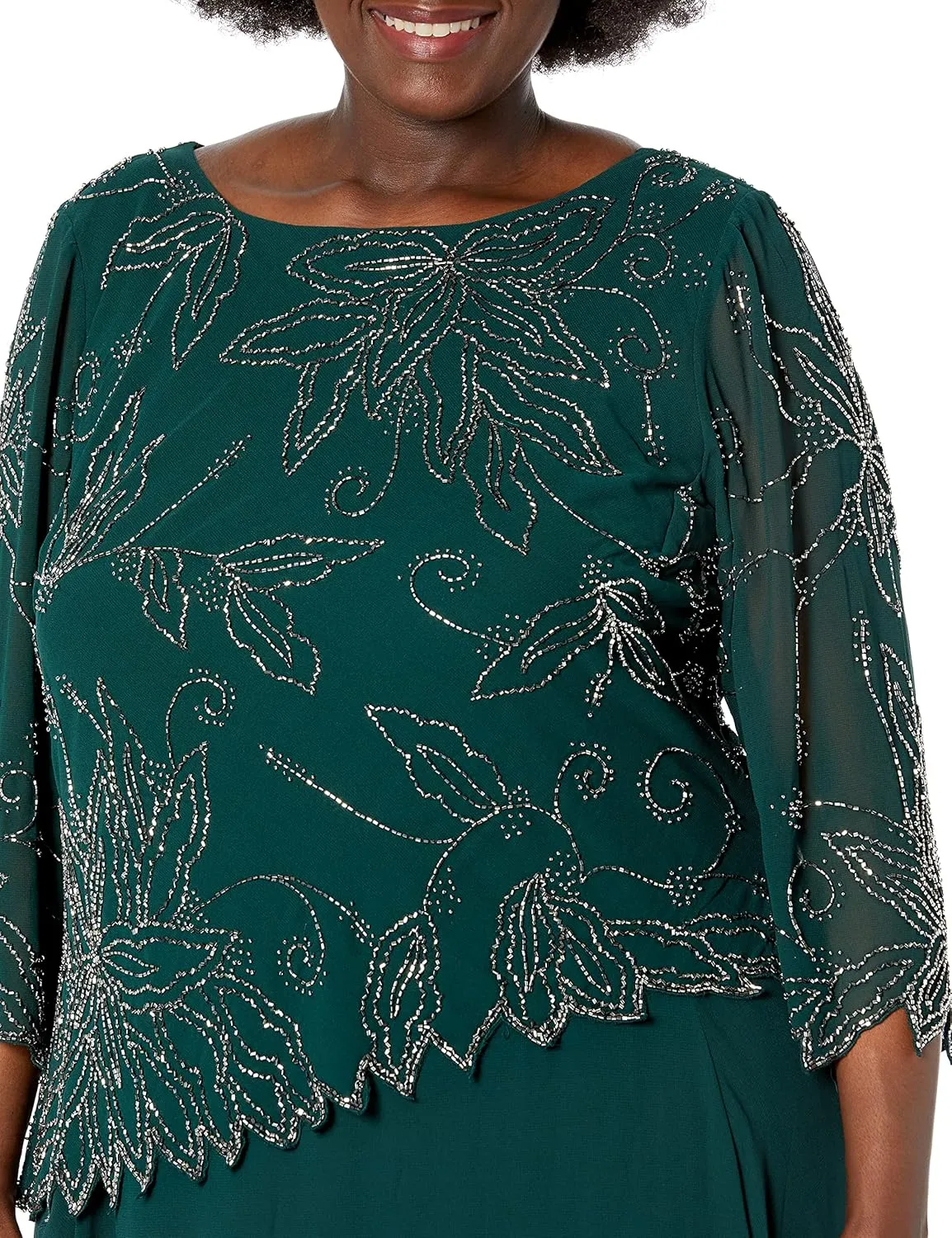 J Kara Women's Plus Size Sheer Sleeve Floral Beaded Long Dress