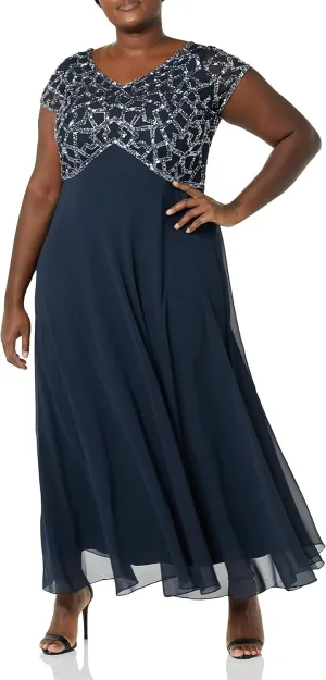 J Kara Women's Plus Size Short Sleeve Geo Long Beaded Gown
