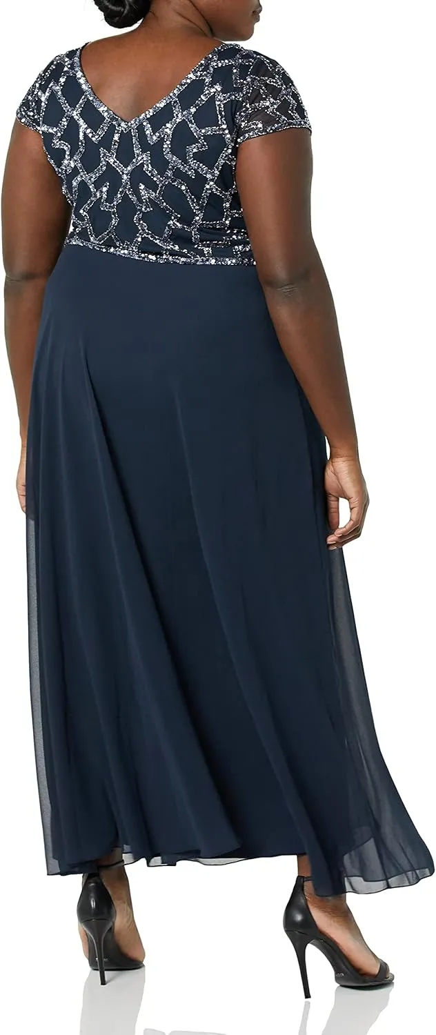 J Kara Women's Plus Size Short Sleeve Geo Long Beaded Gown