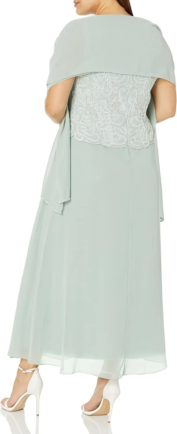 J Kara Women's Plus Size Sleeveless Scallop Long Beaded Dress with Scarf