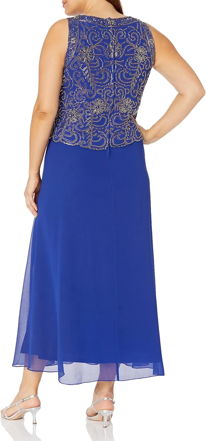 J Kara Women's Plus Size Sleeveless Scallop Long Beaded Dress with Scarf