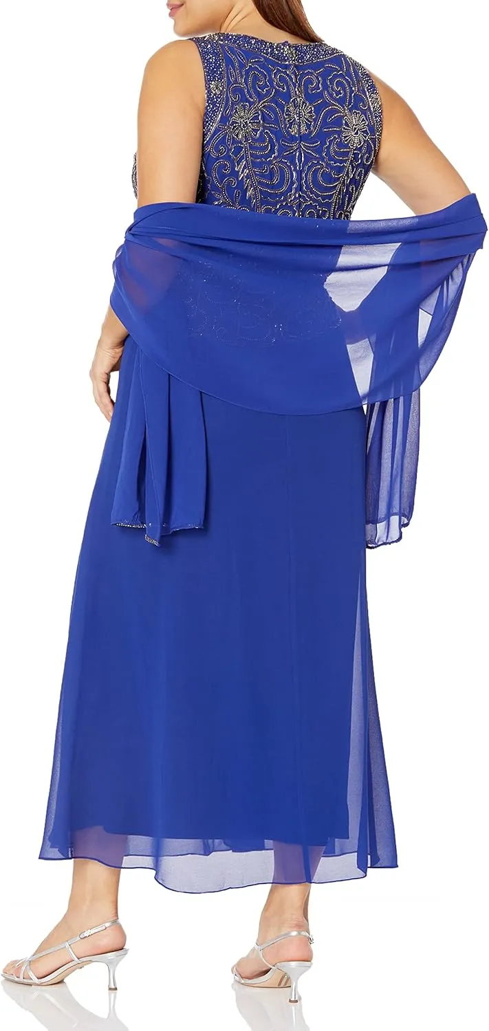 J Kara Women's Plus Size Sleeveless Scallop Long Beaded Dress with Scarf