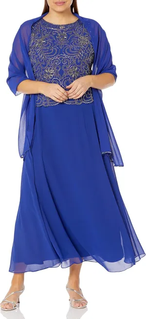 J Kara Women's Plus Size Sleeveless Scallop Long Beaded Dress with Scarf