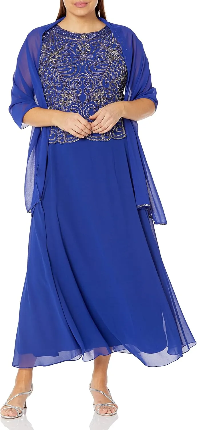 J Kara Women's Plus Size Sleeveless Scallop Long Beaded Dress with Scarf