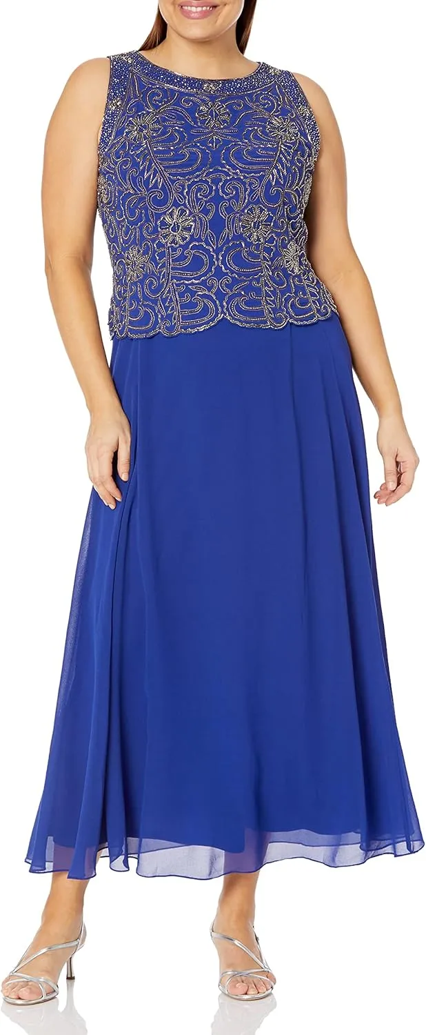 J Kara Women's Plus Size Sleeveless Scallop Long Beaded Dress with Scarf