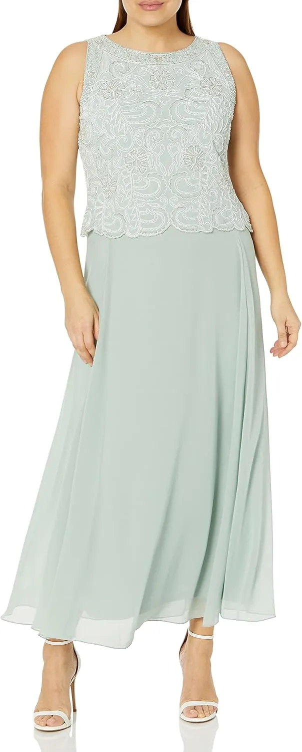 J Kara Women's Plus Size Sleeveless Scallop Long Beaded Dress with Scarf