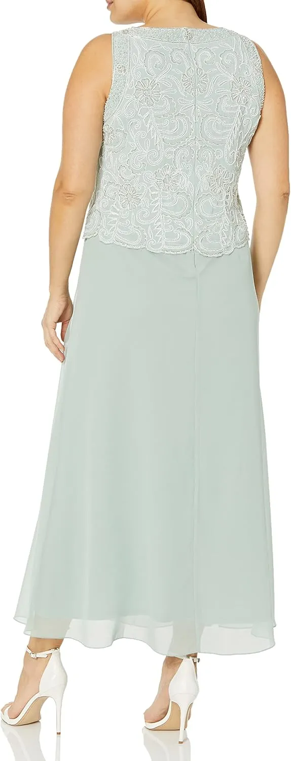J Kara Women's Plus Size Sleeveless Scallop Long Beaded Dress with Scarf